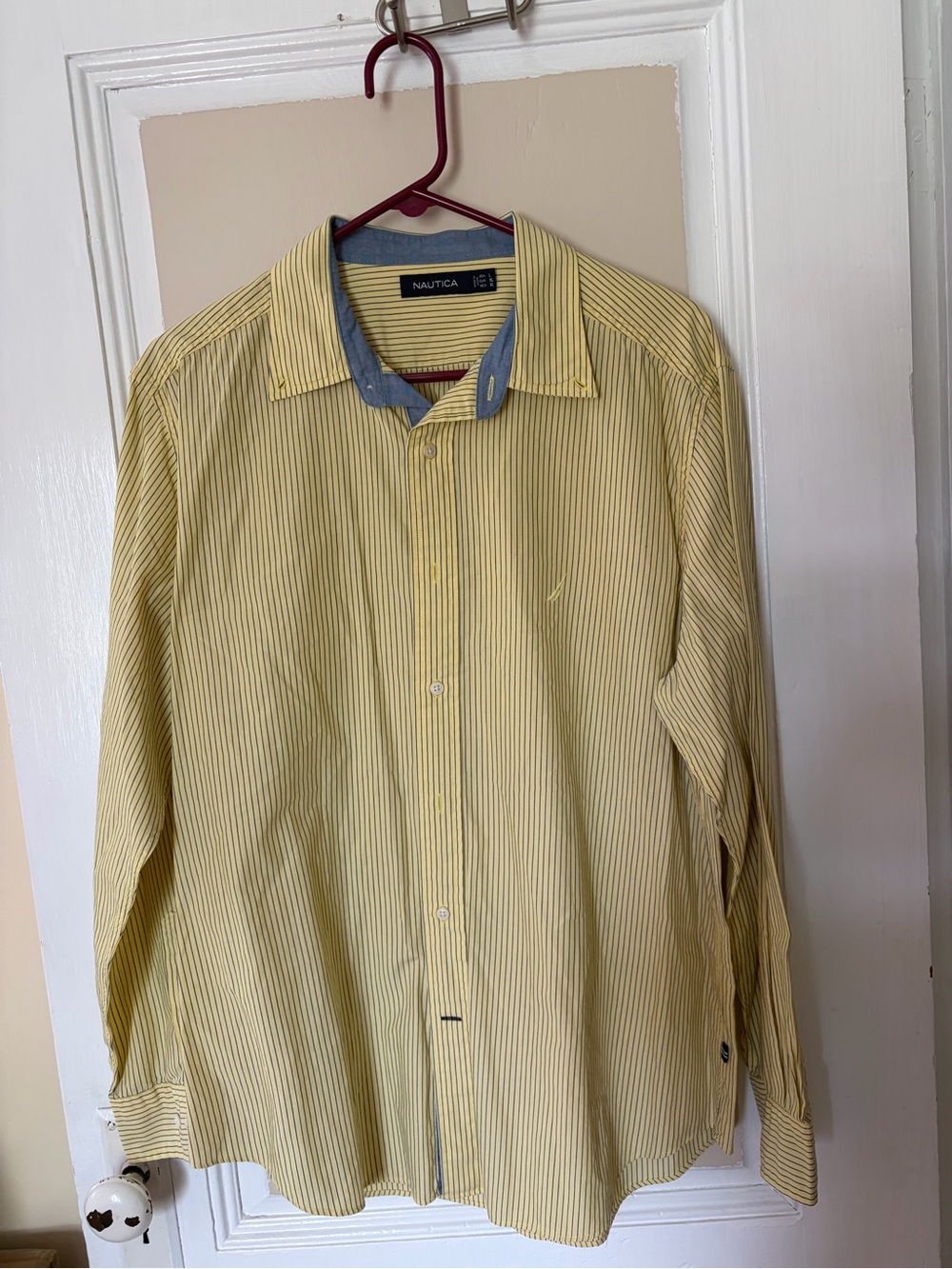 Nautica Men’s Yellow Pinstripe Button-Up Shirt with Blue Trim
